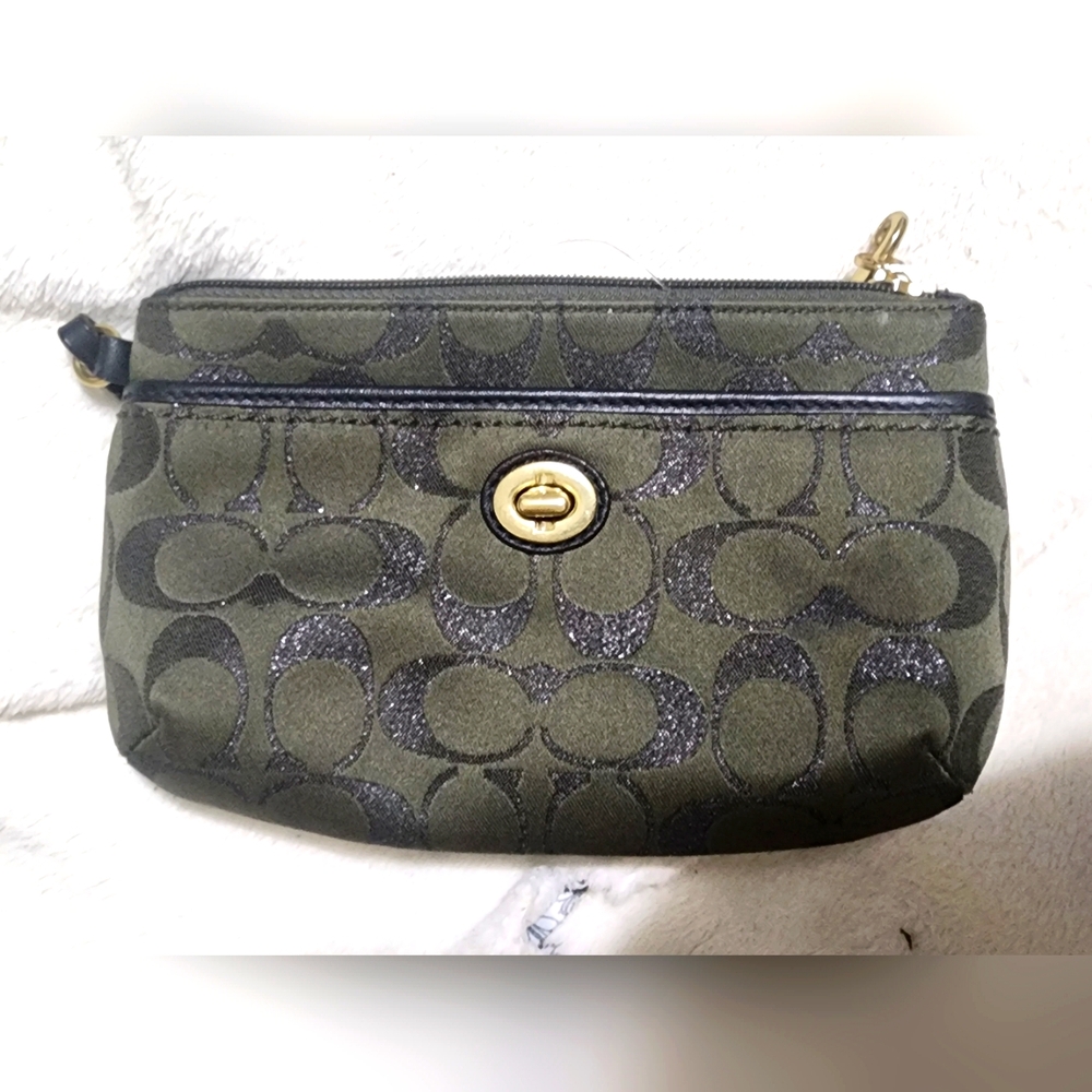 Coach Olive Green Shimmer Signature Kisslock Wristlet